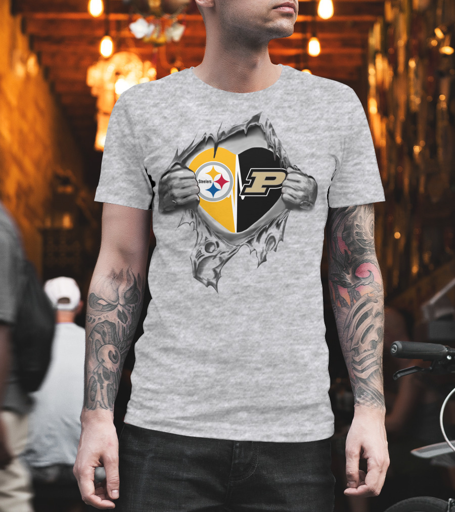 Steelers Purdue Heart Logo Ripped T-Shirt