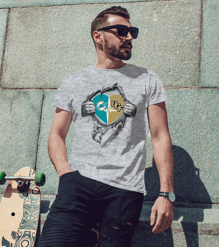 Miami Dolphins UCF Combination Heart Logos Symbolic Unity T-Shirt