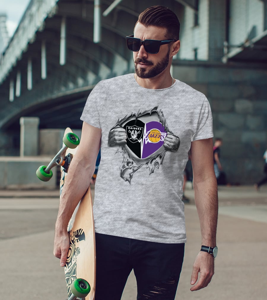 Raiders Los Angeles Lakers Heart Logo Split T-Shirt