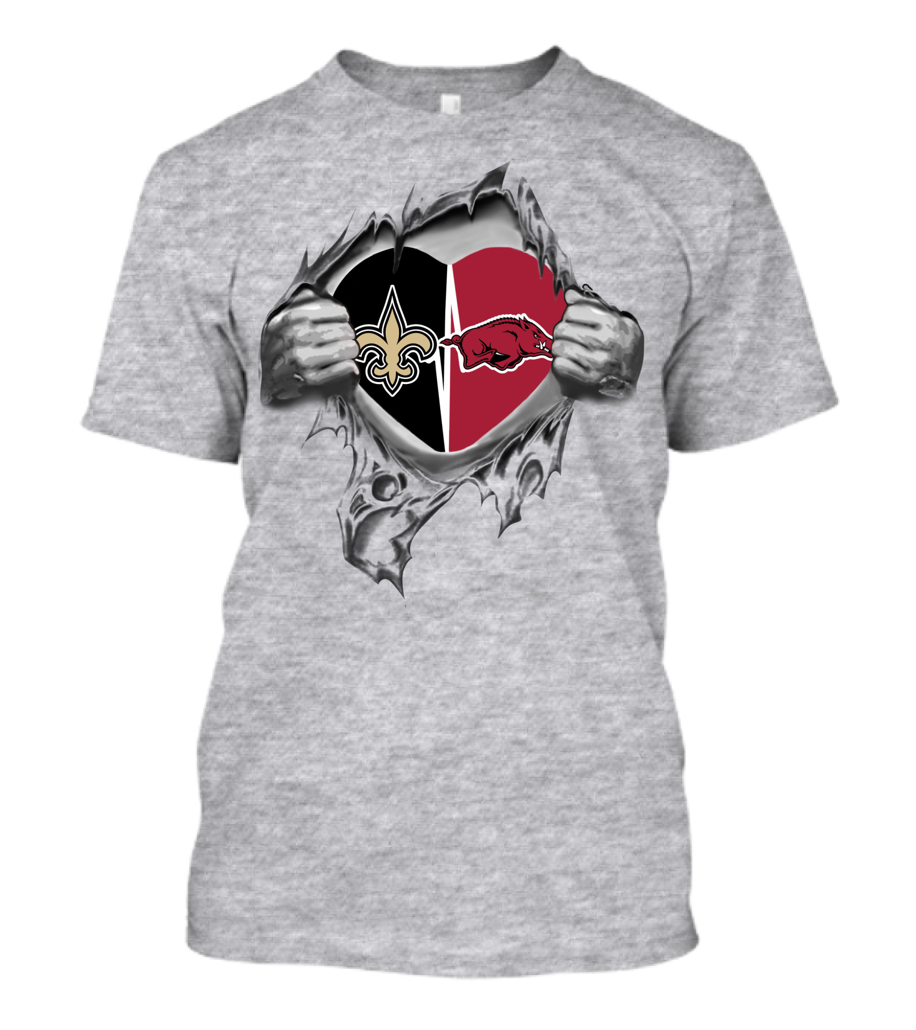 Saints Razorbacks Heart Emblem Fleur-De-Lis Split T-Shirt
