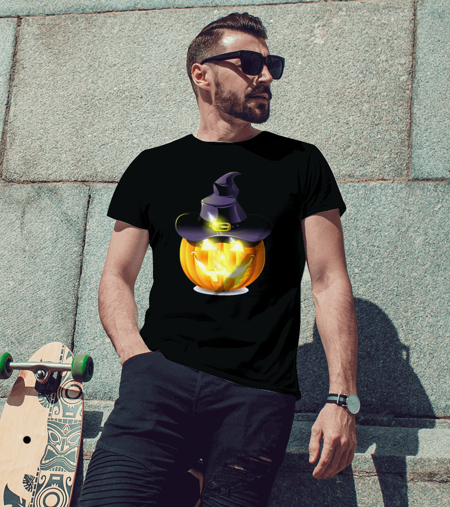 Halloween Pumpkin With Witch Hat And Glowing Smile T-Shirt