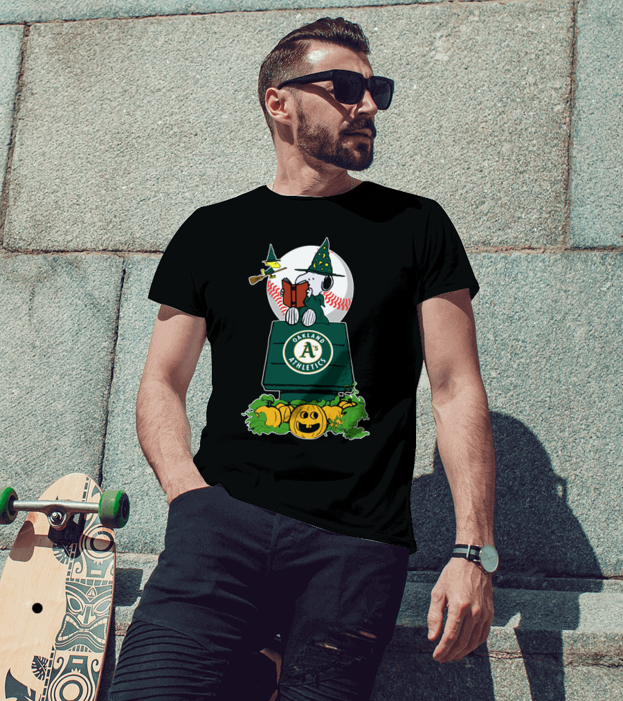 Oakland Athletics Halloween Snoopy And Woodstock Pumpkin Scene T-Shirt