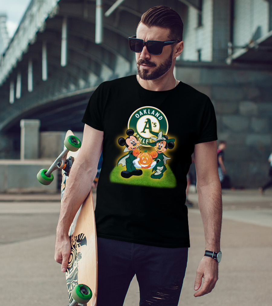 Oakland Athletics Halloween Mickey And Minnie With Pumpkin T-Shirt