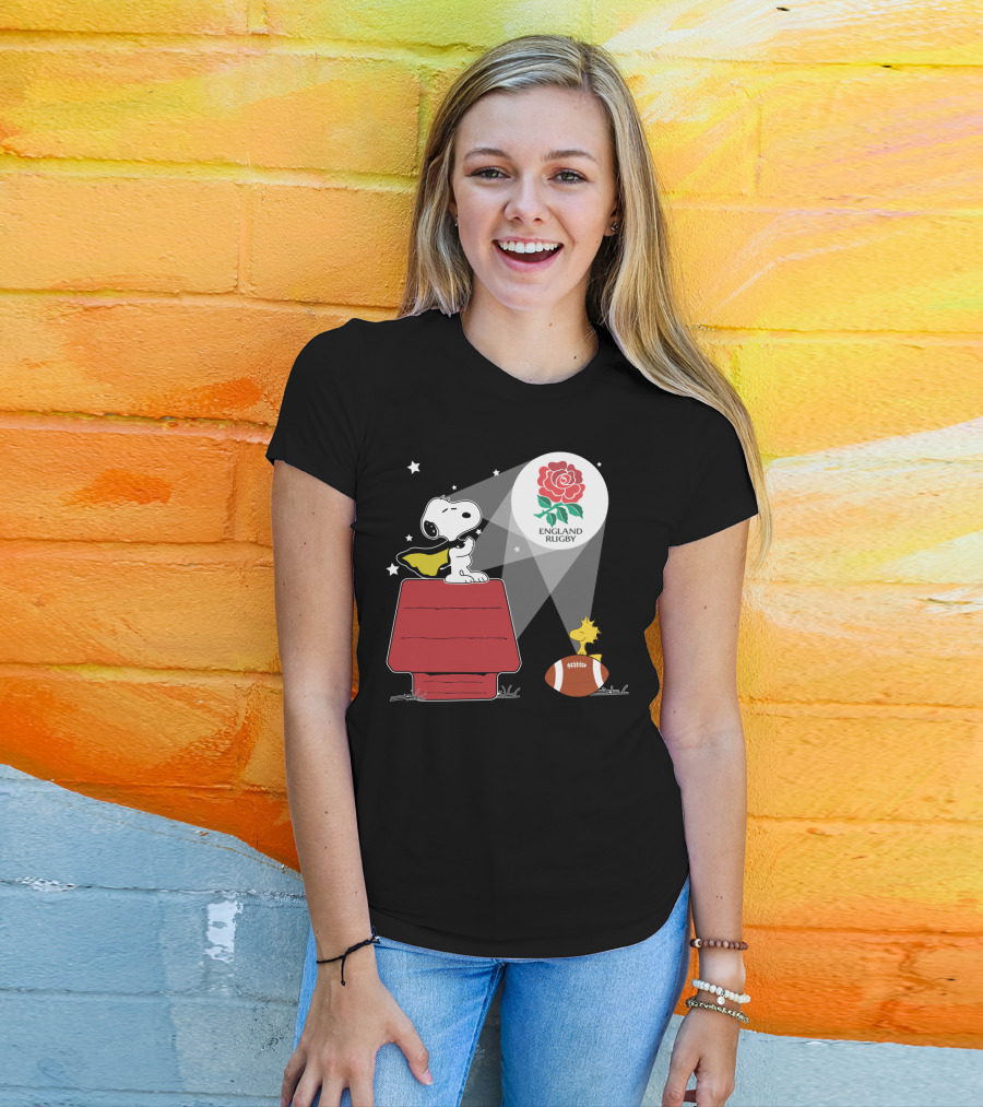 England Rugby RFU Snoopy Doghouse Spotlight With Woodstock And Rugby Ball T-Shirt