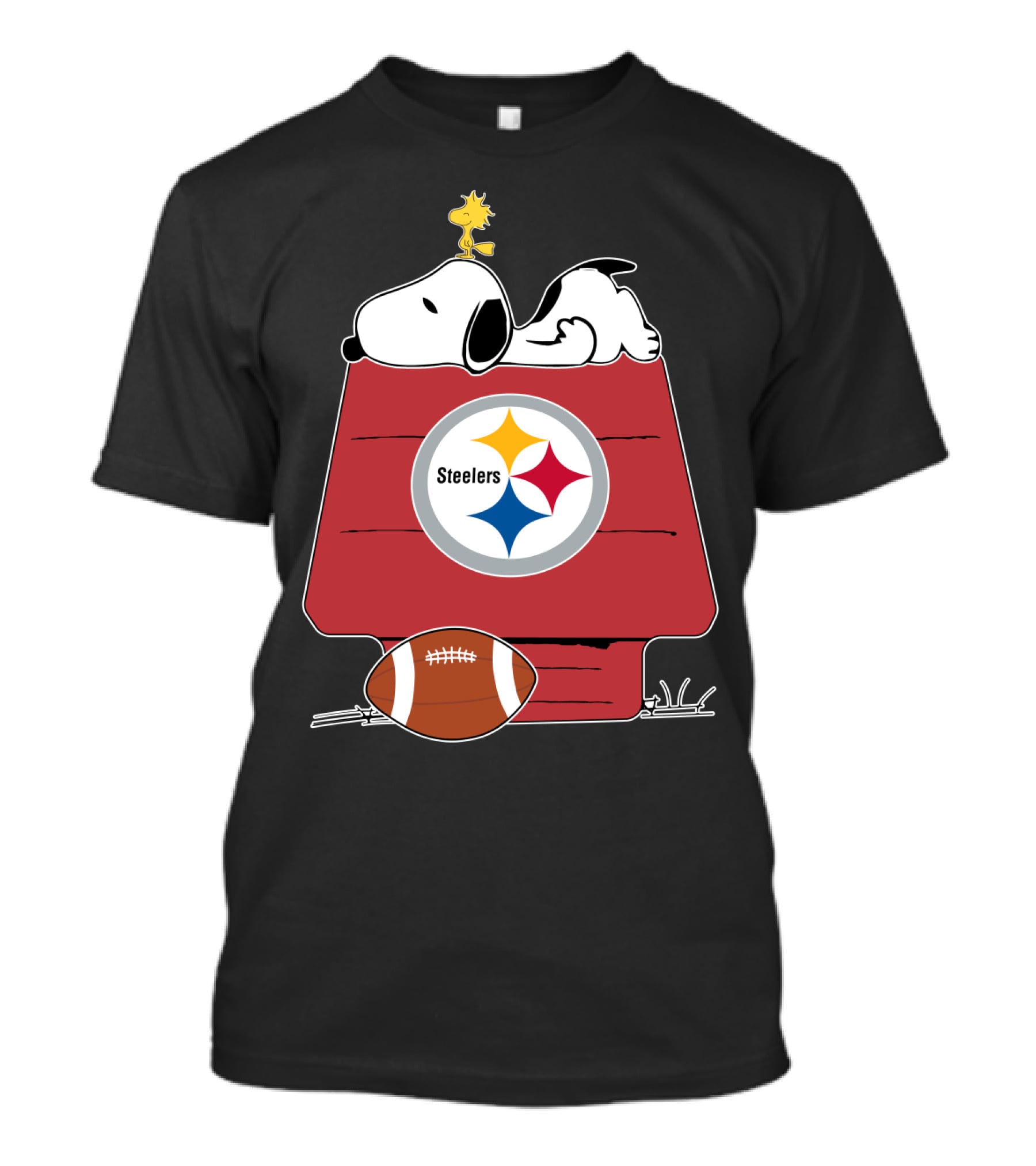 Snoopy And Woodstock With Pittsburgh Steelers Logo And Football On Doghouse T-Shirt