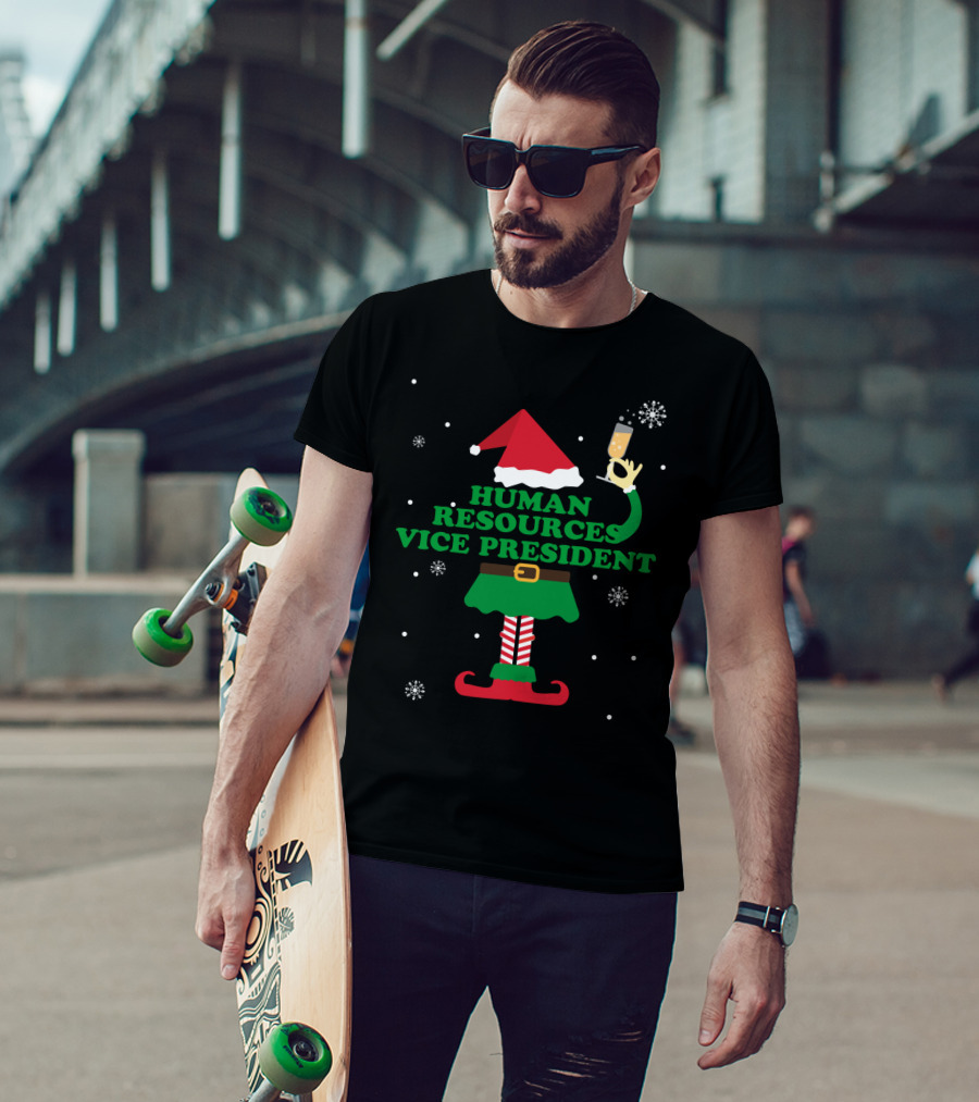 Human Resources Vice President Elf Festive Cheers With Champagne And Snowflakes T-Shirt