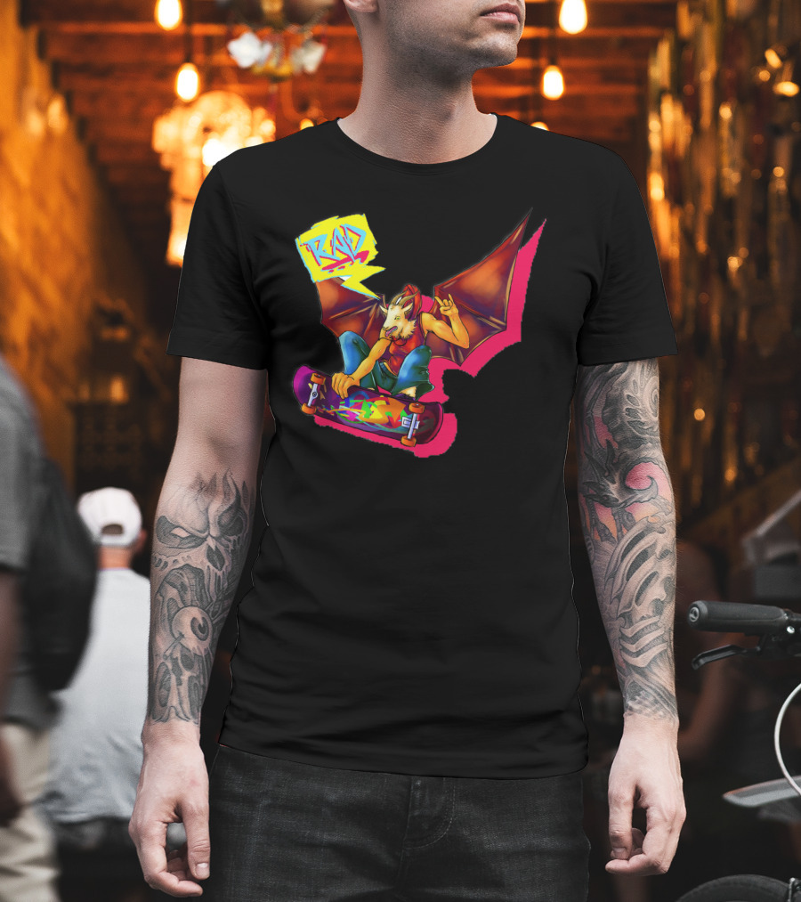 RAD Bat-Winged Skateboarder with Neon Graffiti Aesthetic T-Shirt
