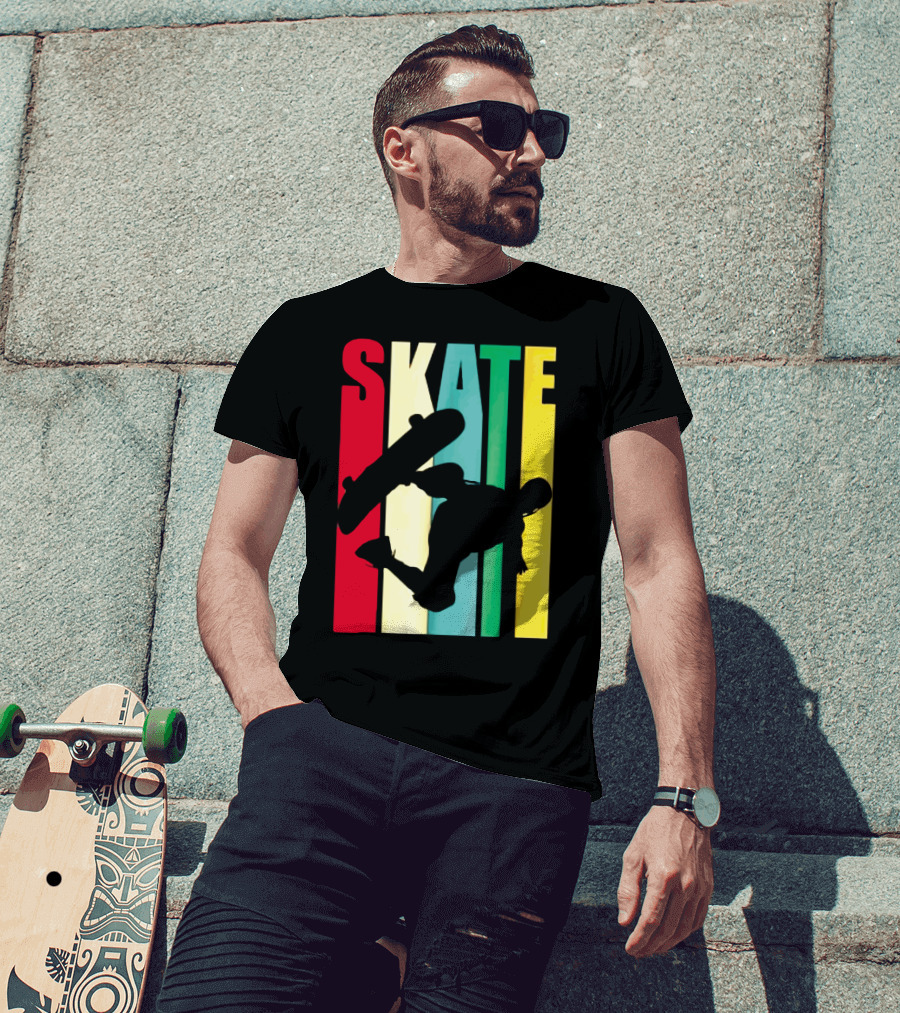 Skate Colorful Retro Vintage Skateboarding Silhouette T-Shirt