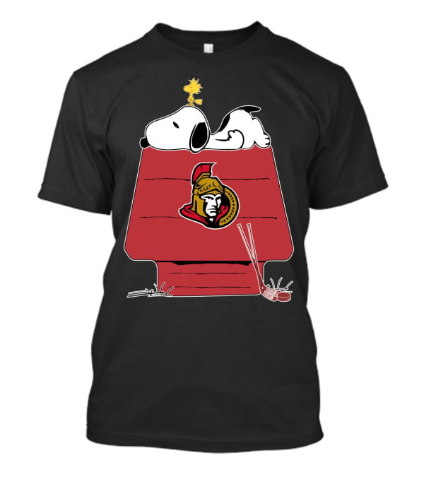 Snoopy And Woodstock On Ottawa Senators Doghouse With Hockey Sticks T-Shirt
