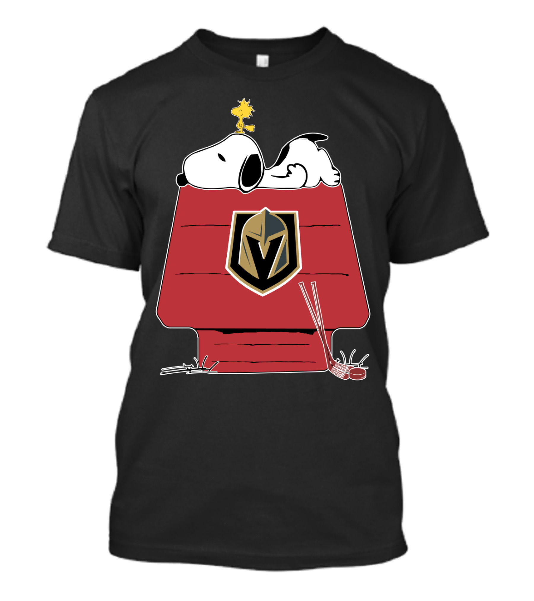 Snoopy Relaxing On Doghouse With Vegas Golden Knights Logo Featuring Hockey Sticks And Woodstock T-Shirt