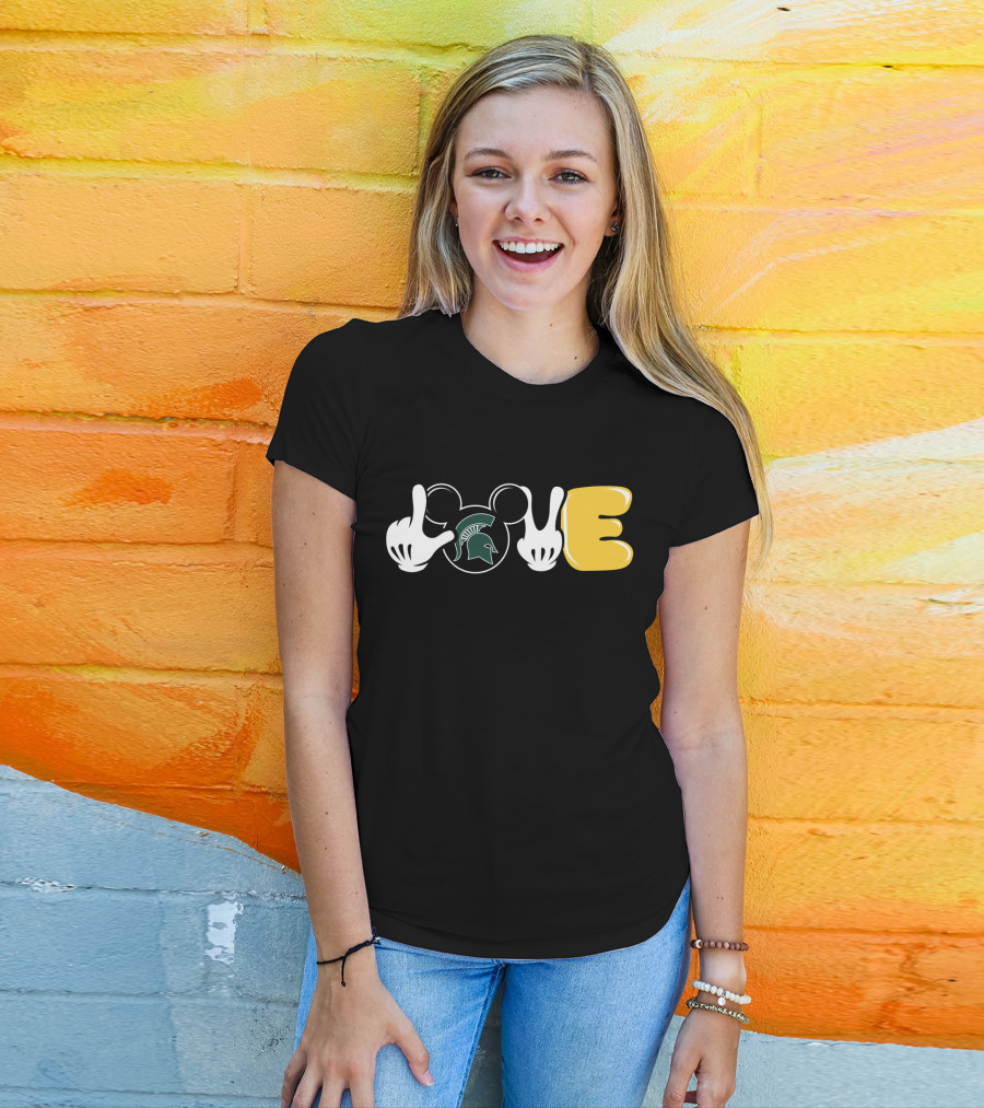 Love Msu Football Spartan Head Mickey Hands T-Shirt