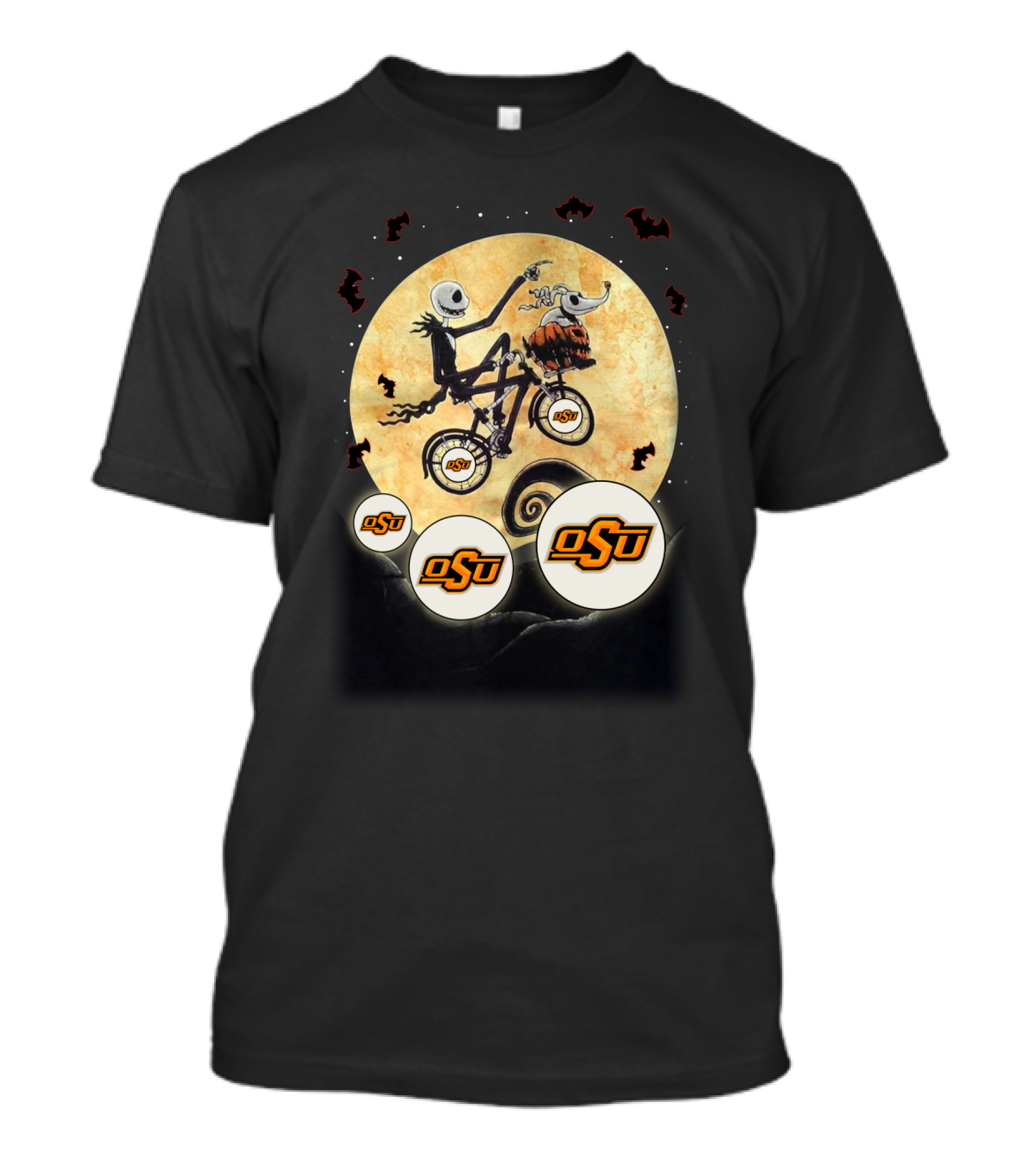 Osu Halloween Basketball Skeleton Riding Bicycle With Moon And Osu Logos T-Shirt