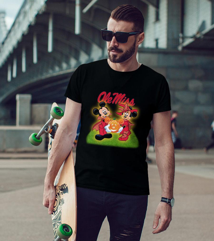 Ole Miss Halloween Disney Characters Holding Pumpkin T-Shirt