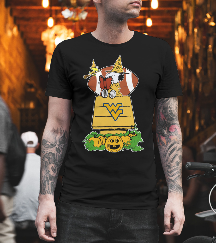 Snoopy Witch Reading On WVU Doghouse With Football And Pumpkins For Halloween T-Shirt