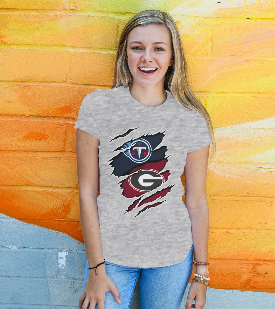 Tennessee Titans Georgia Bulldogs Claw Marks Fusion Logo With Team Icons And Colors T-Shirt