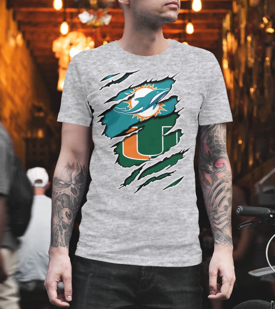 Miami Dolphins Miami Hurricanes Fan Torn U Logo Dolphin T-Shirt