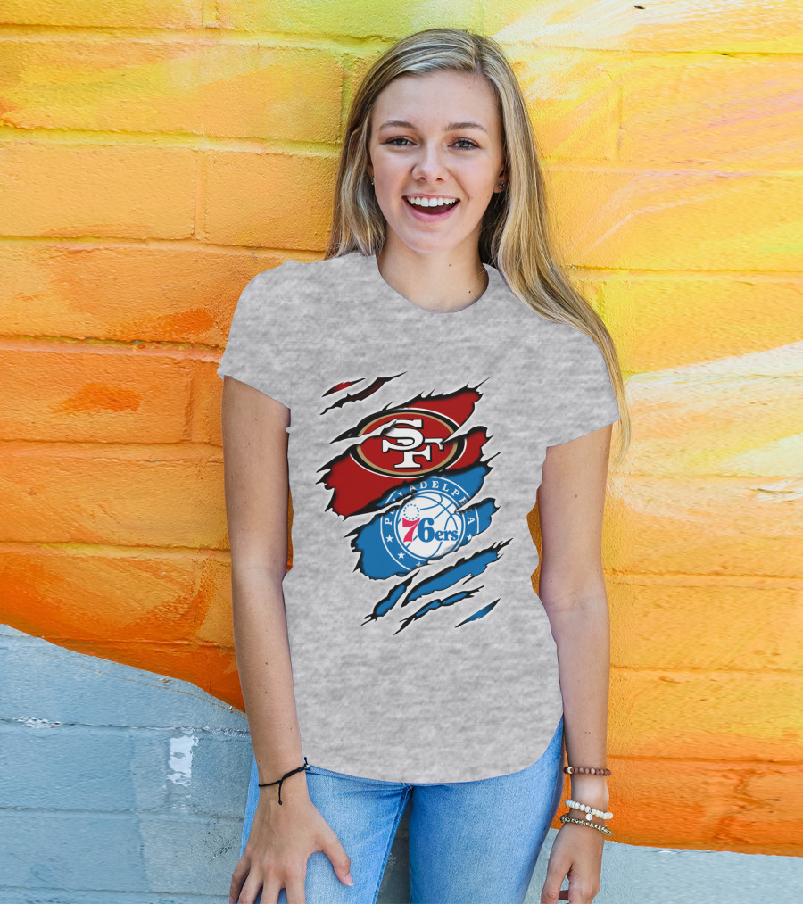49Ers Sf 76Ers Philadelphia Logos IN Scratched T-Shirt