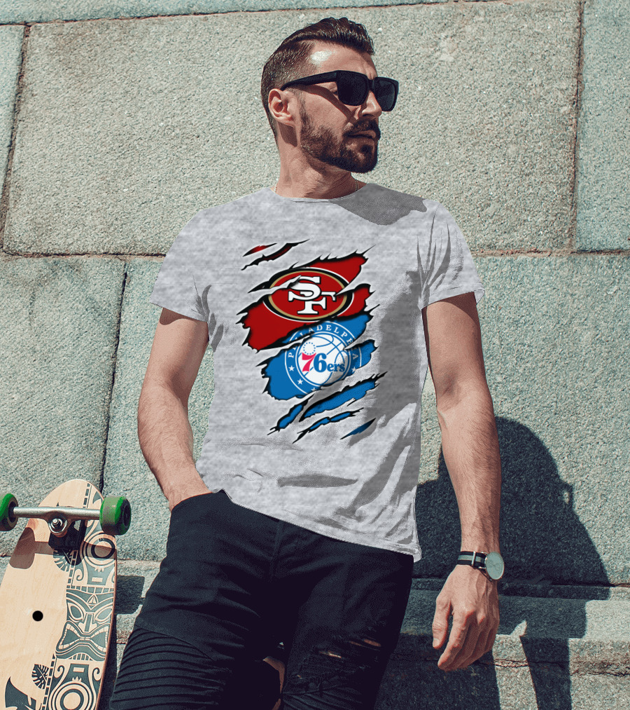 49Ers Sf 76Ers Philadelphia Logos IN Scratched T-Shirt