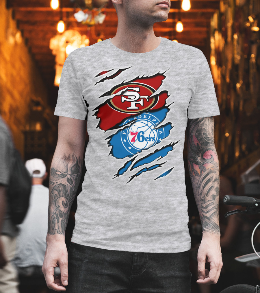 49Ers Sf 76Ers Philadelphia Logos IN Scratched T-Shirt