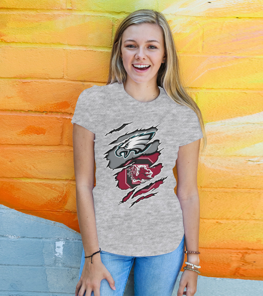 Eagles Gamecocks Logo Clash On Ripped Grey Background T-Shirt