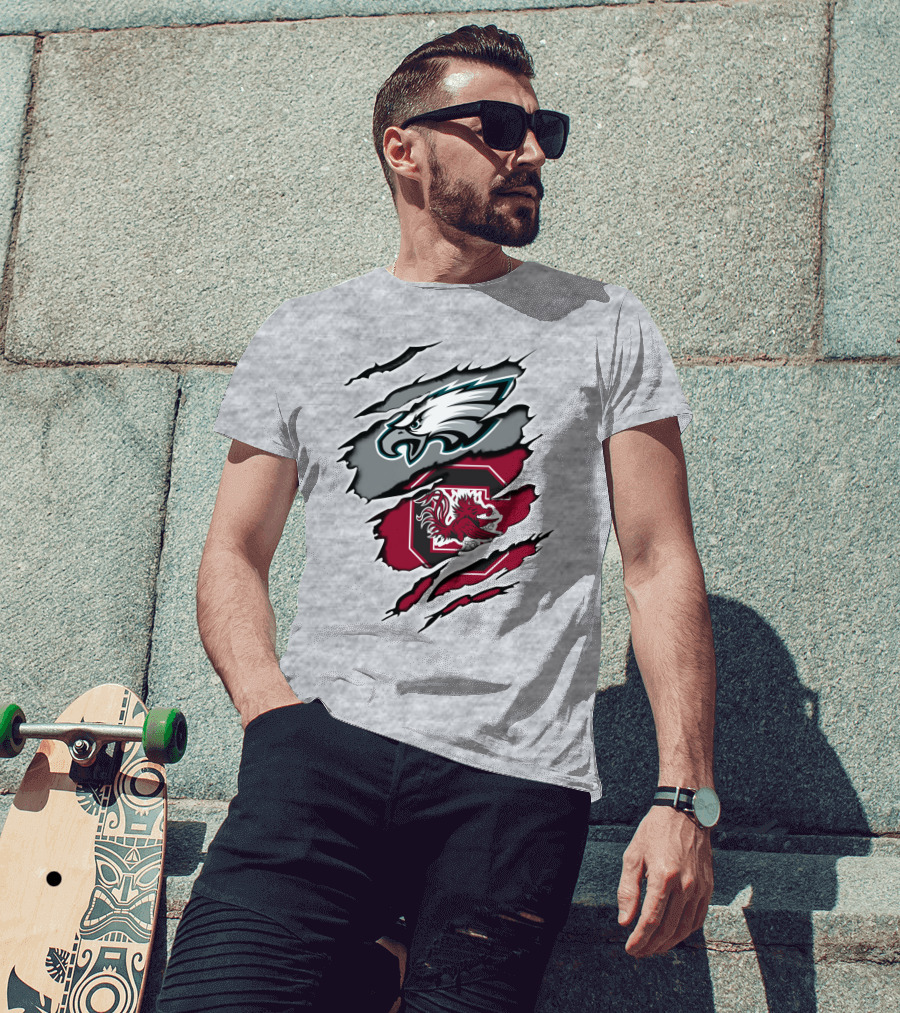 Eagles Gamecocks Logo Clash On Ripped Grey Background T-Shirt