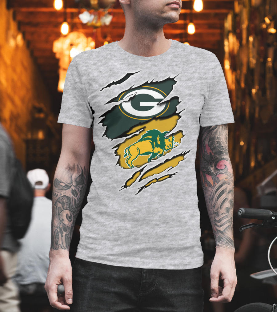 Packers Green And Gold G Logo With Dakota Bison Ripped T-Shirt