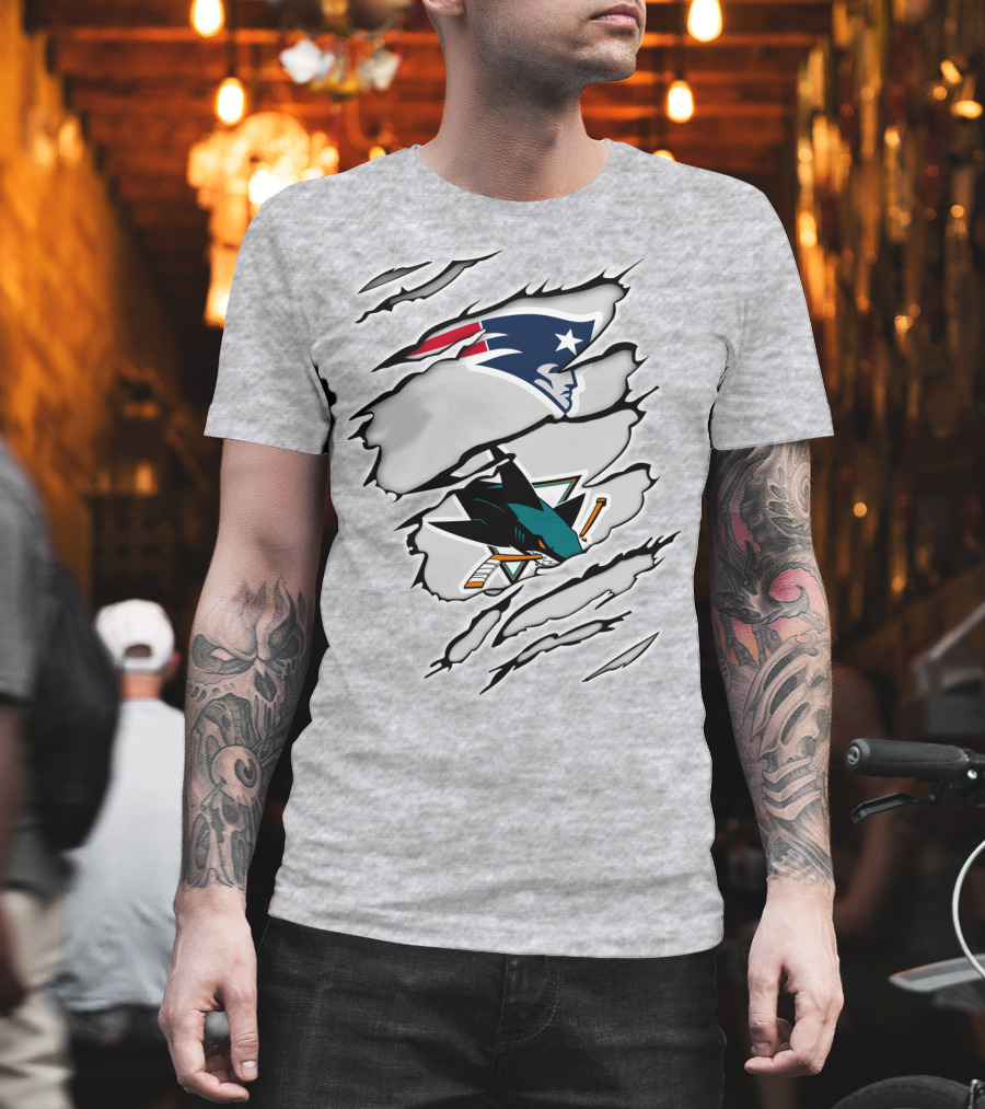 New England Patriots San Jose Sharks Ripped Tear T-Shirt