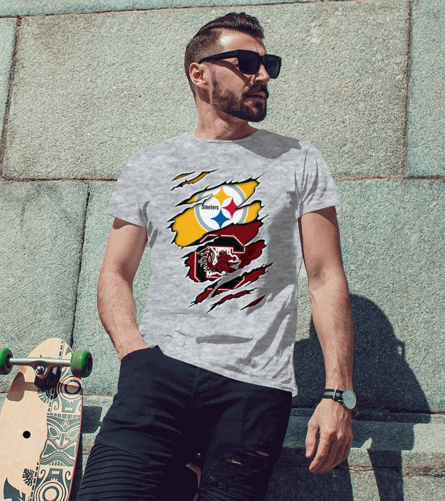 Steelers Gamecocks Logo Mashup With Scratch Marks T-Shirt