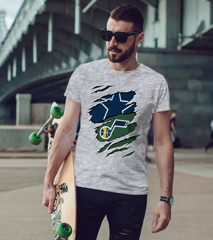 Cowboys Utah Jazz Crossover Logo Football Basketball Fan Combo T-Shirt