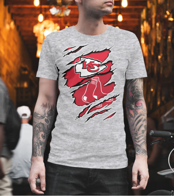 Chiefs Redsox KC Logo and Sox Emblem Torn T-Shirt Chiefs Redsox KC Logo and Sox Emblem Torn T-Shirt
