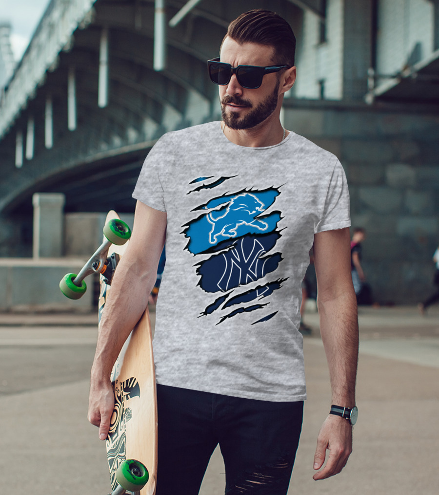Detroit Lions And New York Yankees Ripped Claw T-Shirt