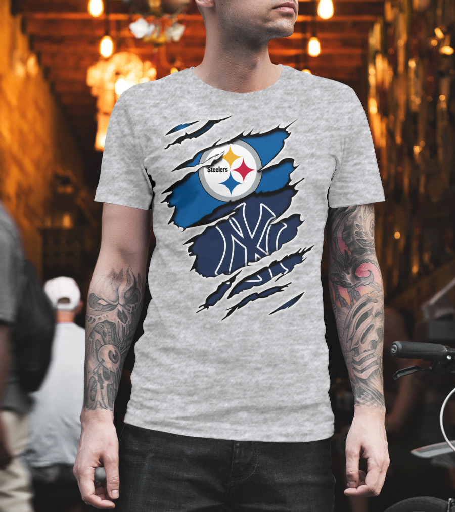 Steelers Yankees Logo Fusion Ripped Effect T-Shirt