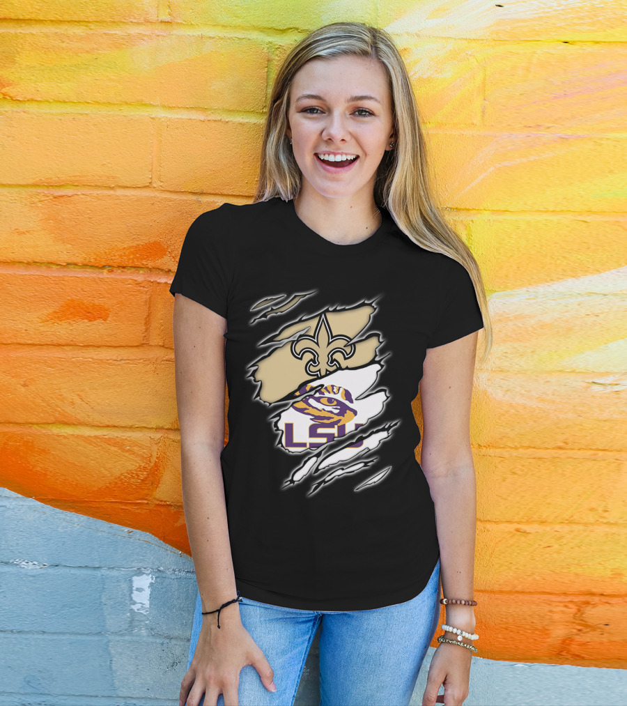 Saints Fleur-de-Lis And LSU Tigers Eye Logo Integration T-Shirt