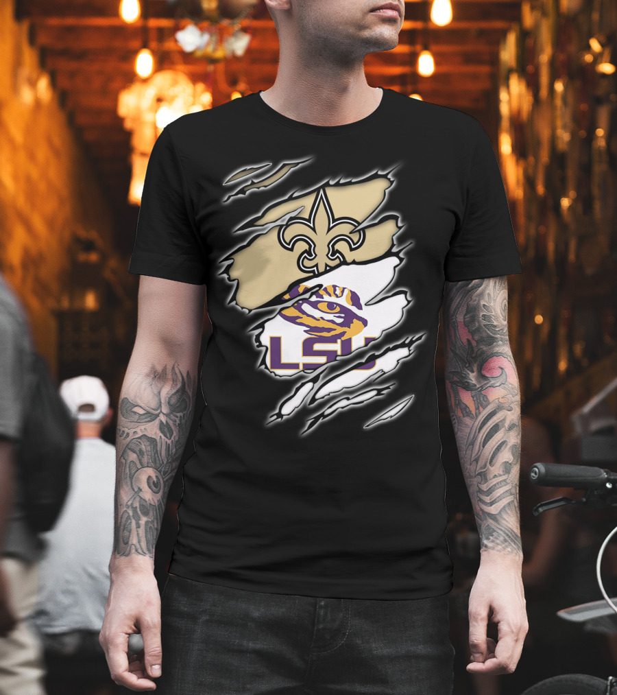 Saints Fleur-de-Lis And LSU Tigers Eye Logo Integration T-Shirt