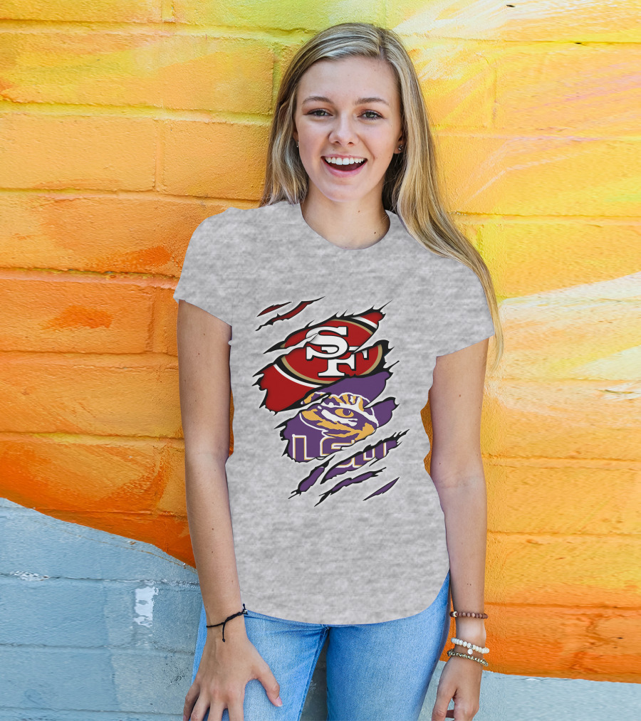 LSU Tigers And San Francisco 49ers Logos On Torn Background T-Shirt