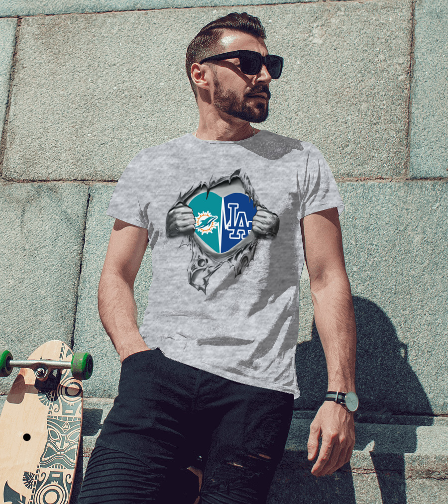 Miami Dolphins LA Dodgers Heart Tear T-Shirt