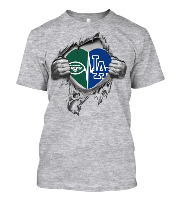 New York Jets Los Angeles Dodgers Heart Symbol Logo Passion T-Shirt