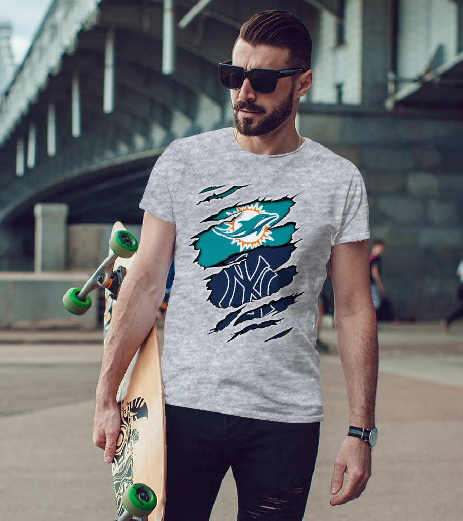 Miami Dolphins New York Yankees Logos Integration T-Shirt