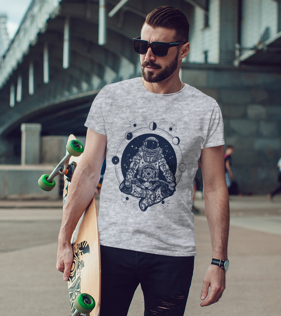 Zen Astronaut Meditating In Cosmic Orbit With Geometric Star Map T-Shirt