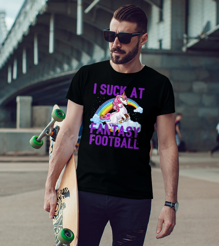 I Suck At Fantasy Football Unicorn Rainbow Clouds T-Shirt