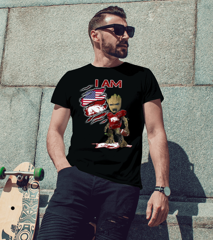 I Am Baby Groot Arkansas Razorbacks Football American Flag T-Shirt