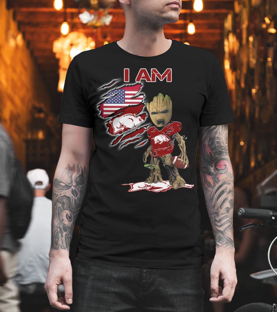 I Am Baby Groot Arkansas Razorbacks Football American Flag T-Shirt