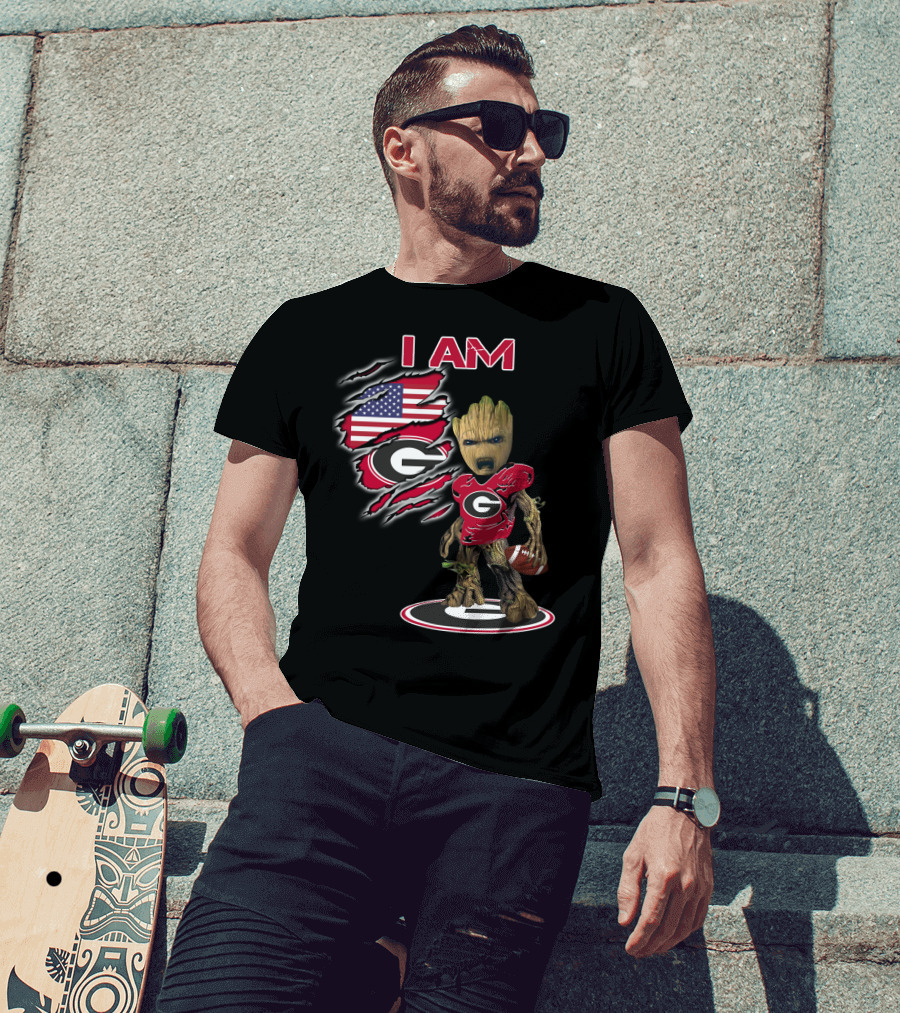 I AM Bulldogs Baby Groot Football G Fan American Flag T-Shirt