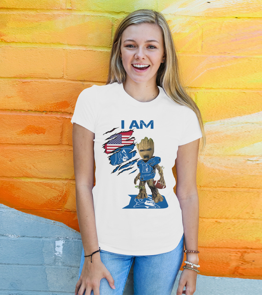 I Am Duke Baby Groot Holding Football With American Flag T-Shirt