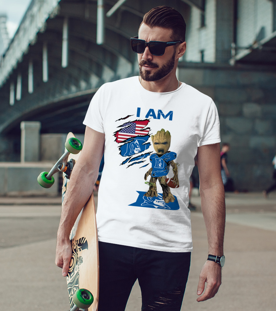 I Am Duke Baby Groot Holding Football With American Flag T-Shirt