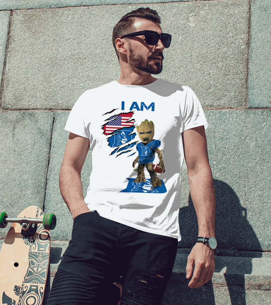 I Am Duke Baby Groot Holding Football With American Flag T-Shirt