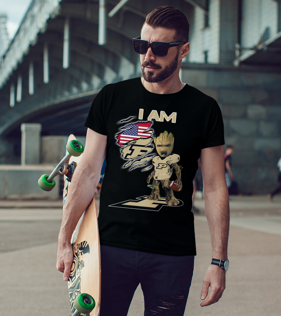 I Am Purdue Baby Groot American Flag Purdue Football T-Shirt