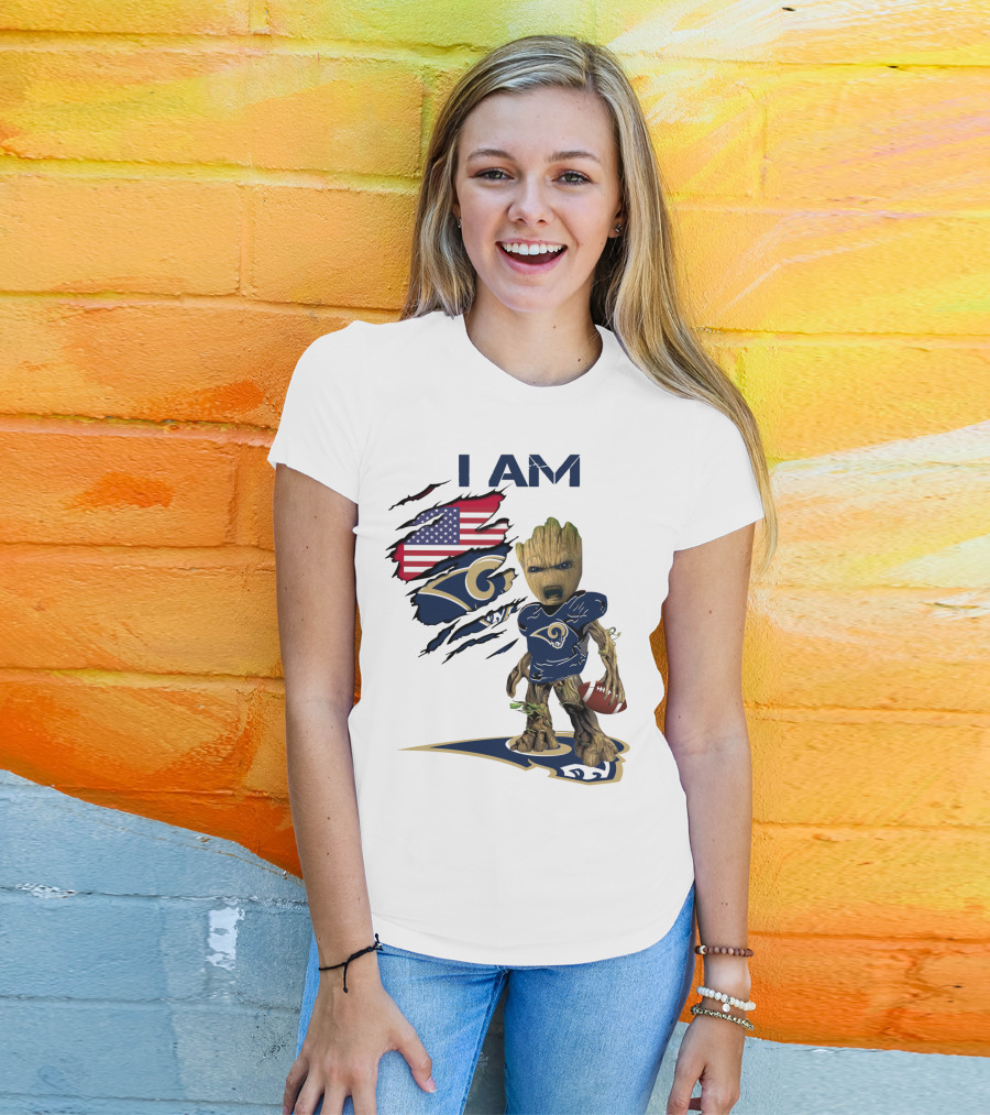 I AM Rams Baby Groot Football USA Flag T-Shirt