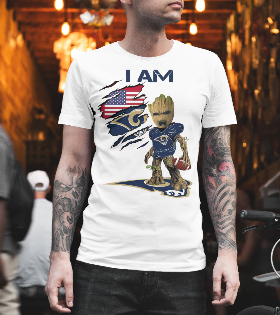 I AM Rams Baby Groot Football USA Flag T-Shirt