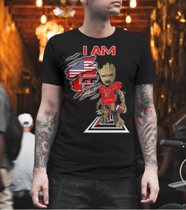 I AM Texas Tech Football American Flag Baby Groot T-Shirt I AM Texas Tech Football American Flag Baby Groot T-Shirt